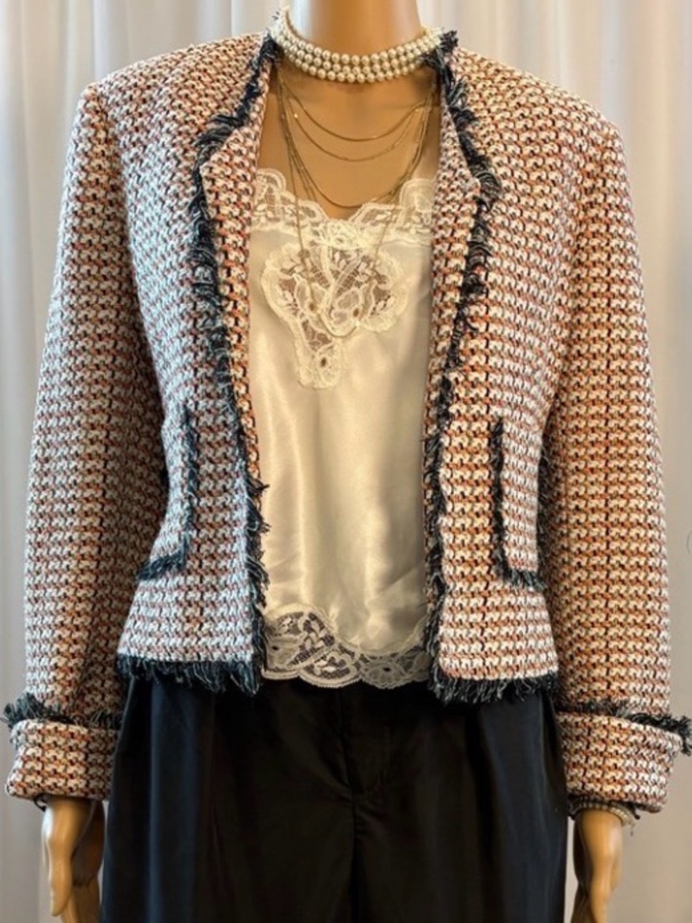 Emil Rutenberg Vintage 100% Silk Tweed Fringe Cropped Jacket Blazer Medium M